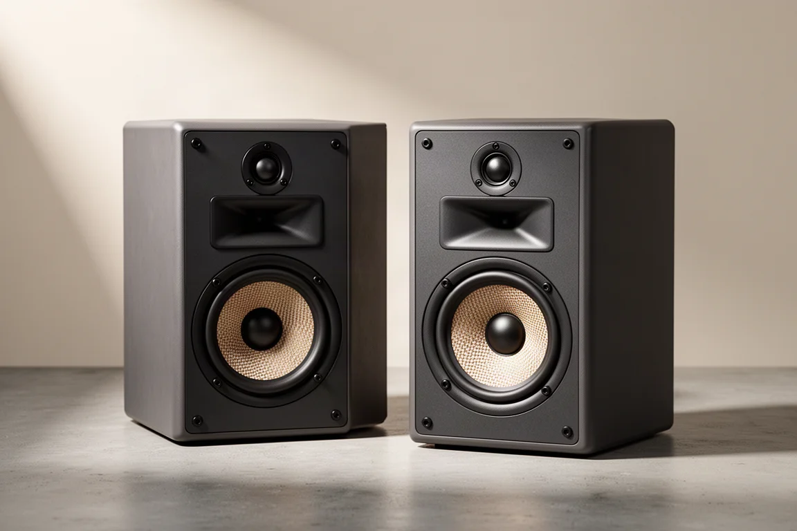 Pair of dark matte bookshelf speakers with woven fibre midwoofers on a concrete surface