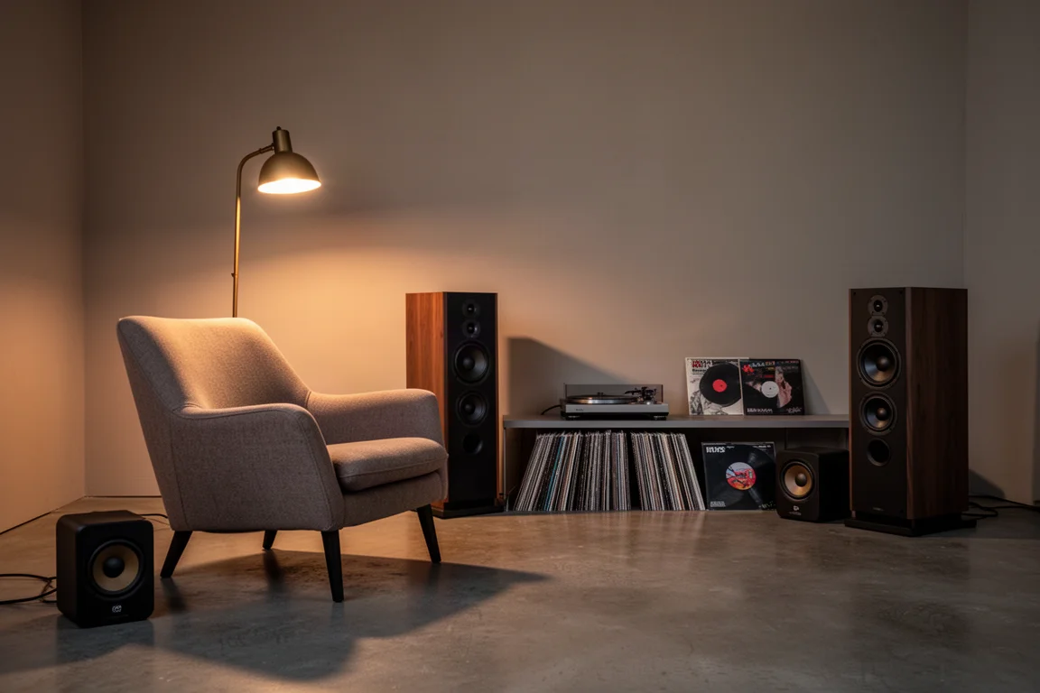 Woonkamer home cinema met zuilluidsprekers en een centerkanaal onder een scherm