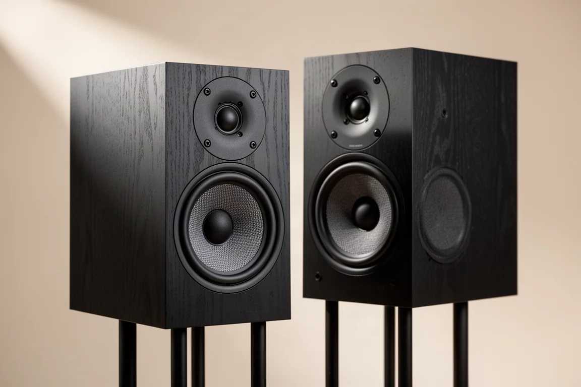 Pair of compact bookshelf speakers with dark wood-grain cabinets on a matte concrete surface