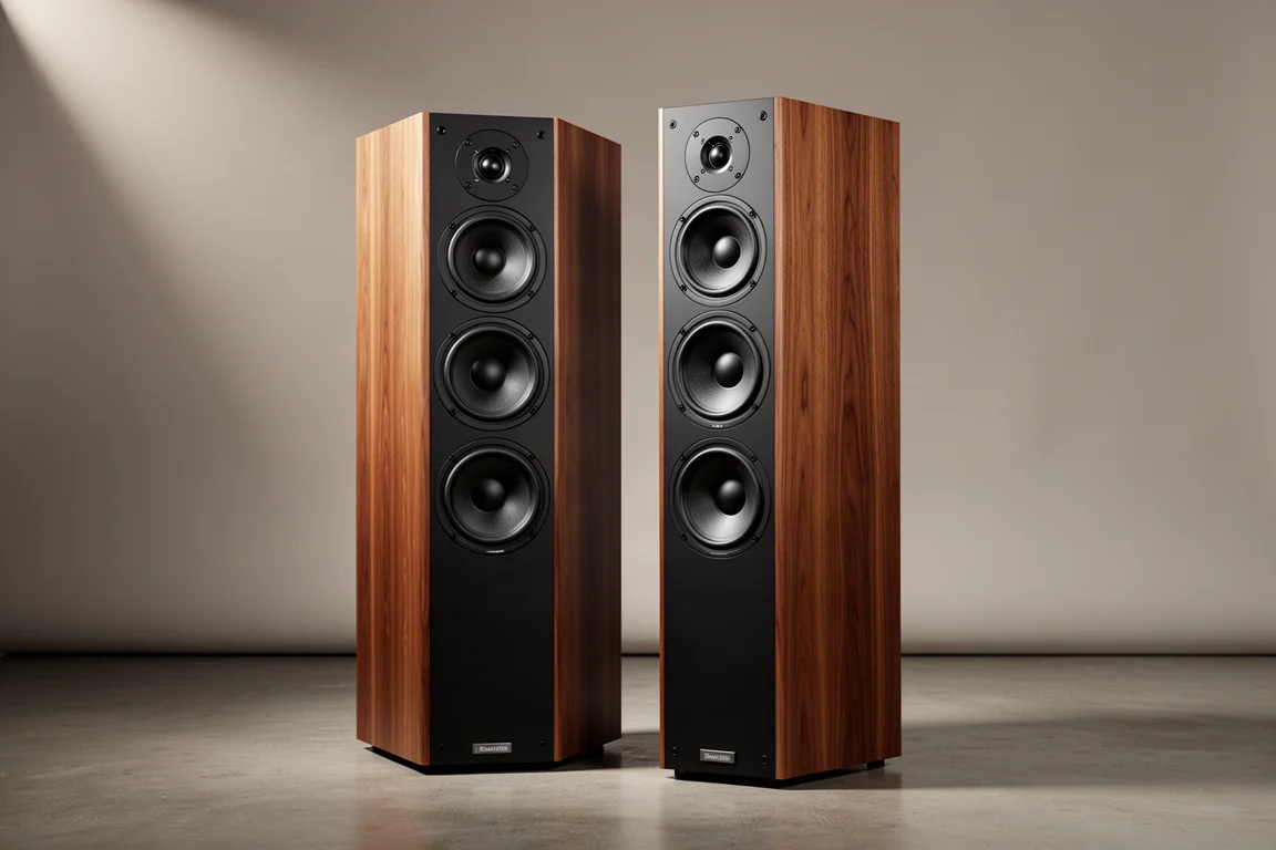 Pair of tall wood-veneer three-way floorstanding speakers on a neutral grey backdrop