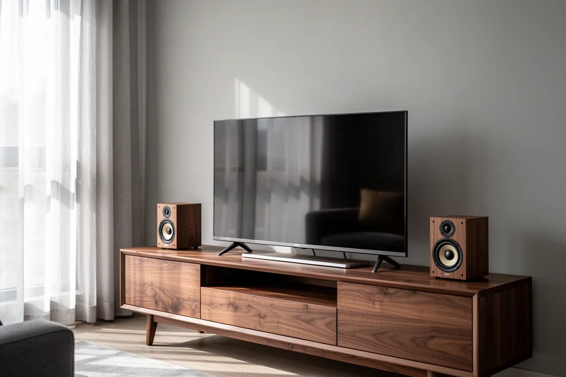 Compact powered speakers on a media console beside a slim television in a bright room