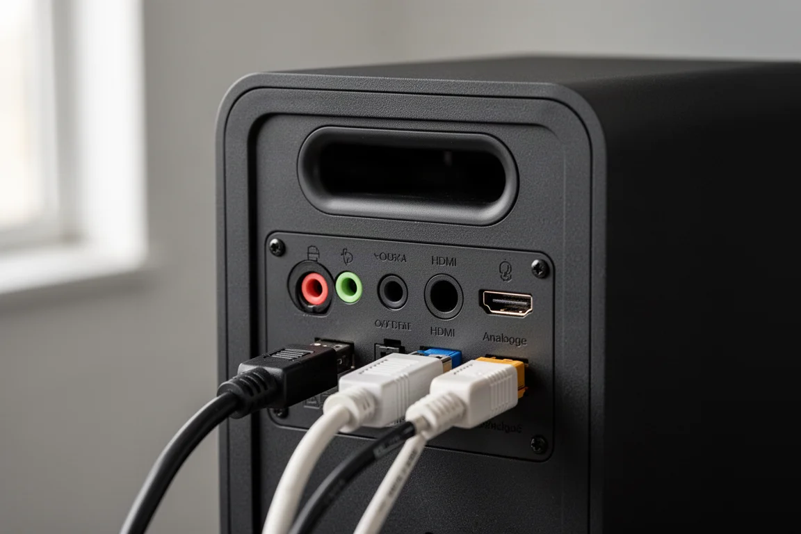 Rear connection panel of a compact powered speaker with cables plugged in