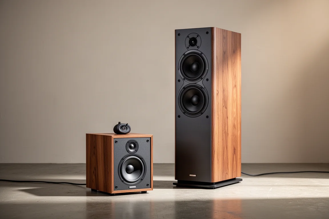 Small powered speaker beside a tall floorstanding speaker showing the size difference