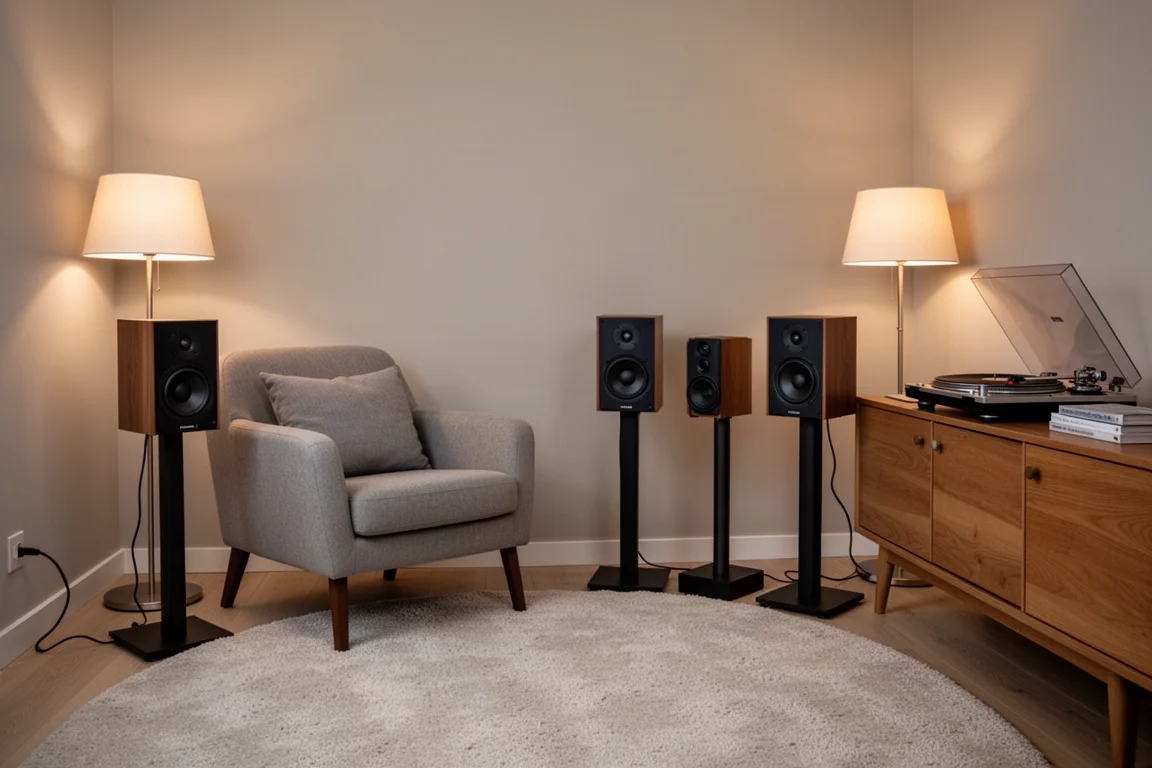 Compact speakers on stands in a small apartment listening corner with a turntable