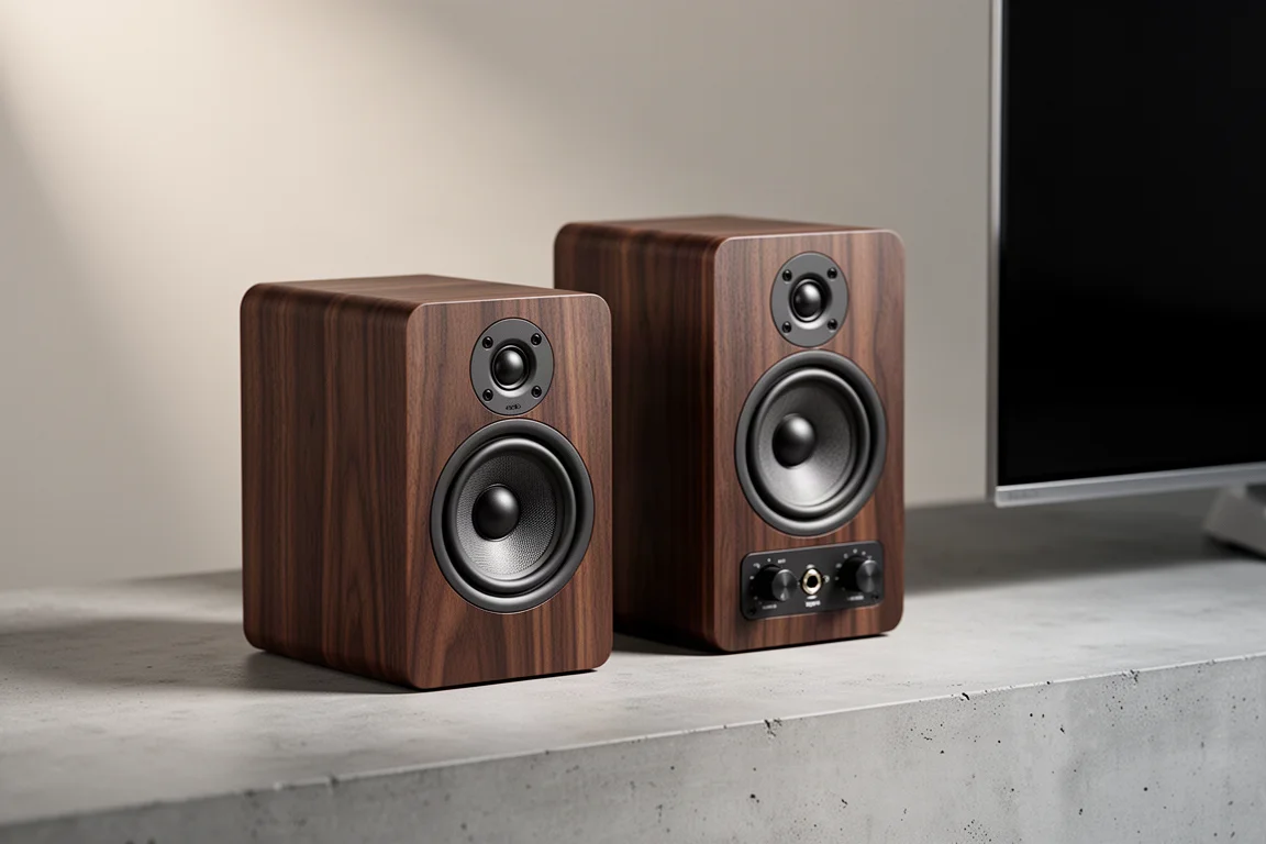 Compact ELAC powered bookshelf speakers in dark wood finish on a concrete surface