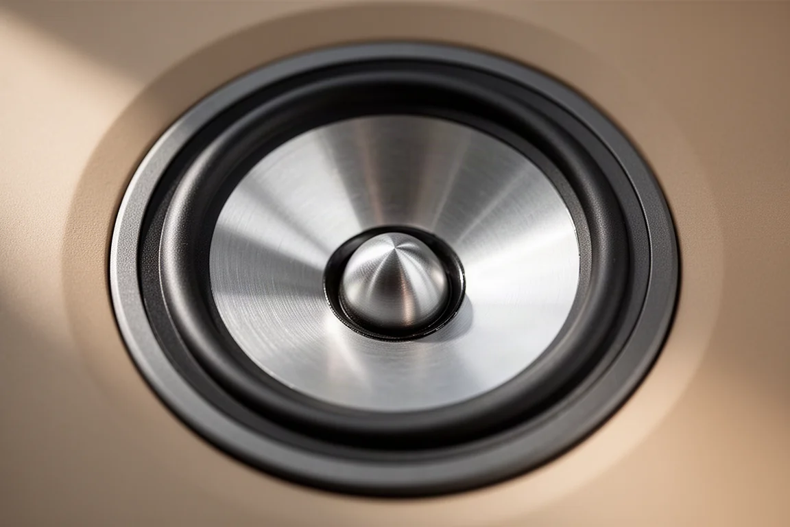 Détail macro d'un tweeter et d'un haut-parleur médium concentriques sur un baffle d'enceinte
