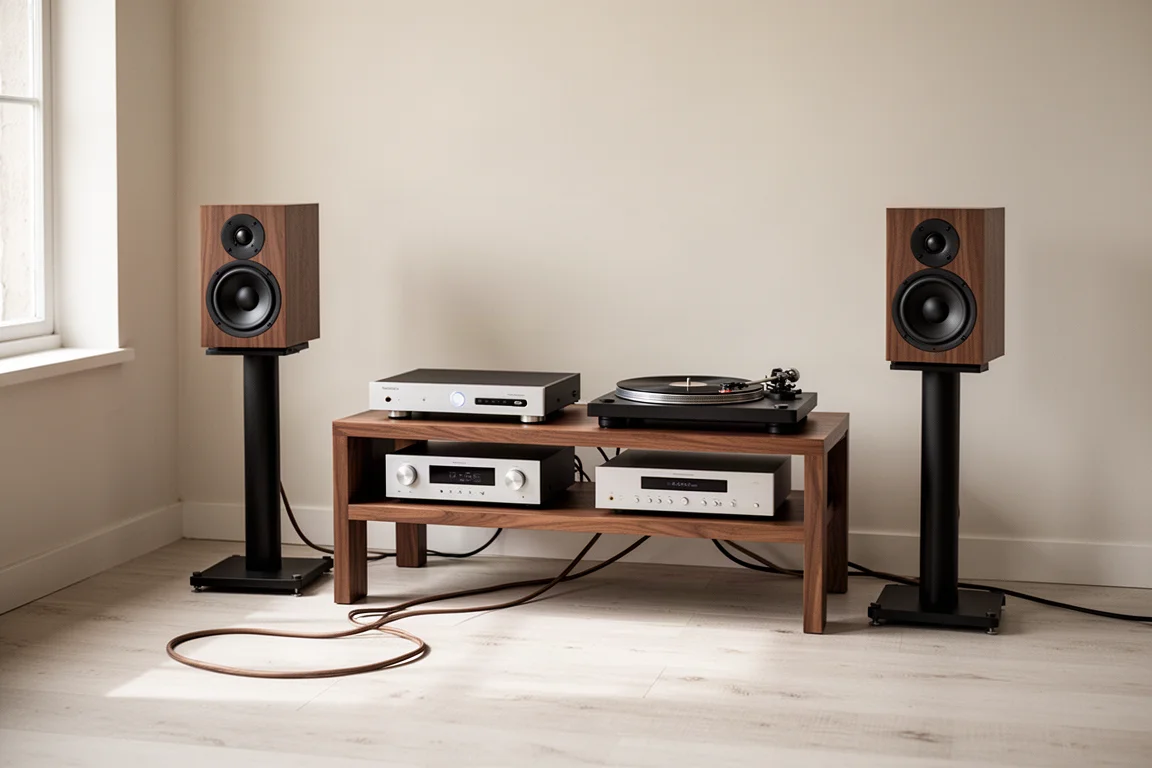 Rack hi-fi avec un amplificateur intégré et une platine vinyle entre deux enceintes bibliothèque