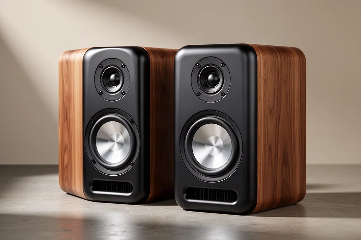 Pair of ELAC Uni-Fi Reference UBR62 standmount speakers in satin black with walnut side panels