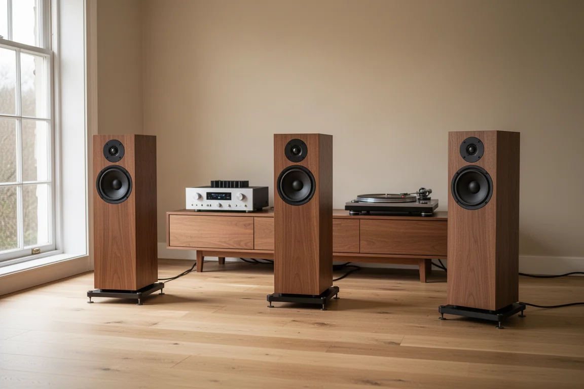 Three standmount speakers on stands in a bright listening room with an amplifier and turntable