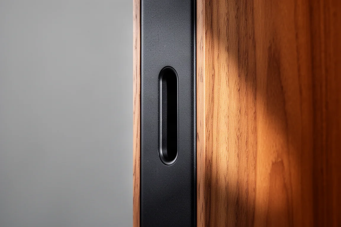 Close-up of a narrow slot port and oak side panel on a speaker cabinet