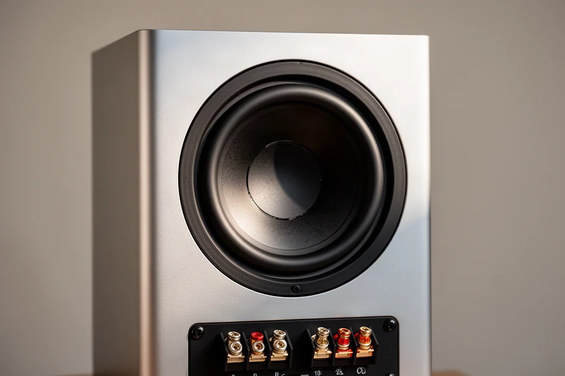 Close-up of a large rear passive radiator diaphragm on a compact speaker cabinet