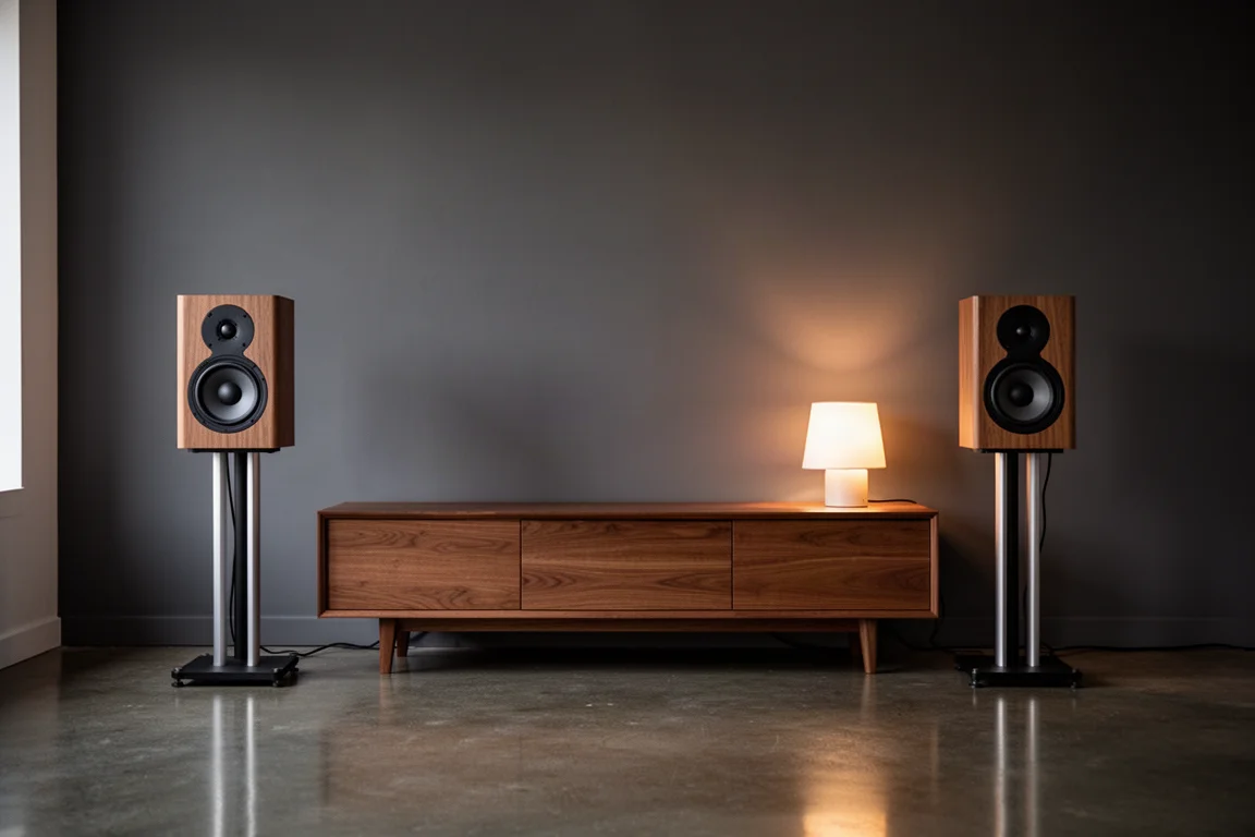 Pair of standmount speakers on stands in a living room at dusk with warm lamp light