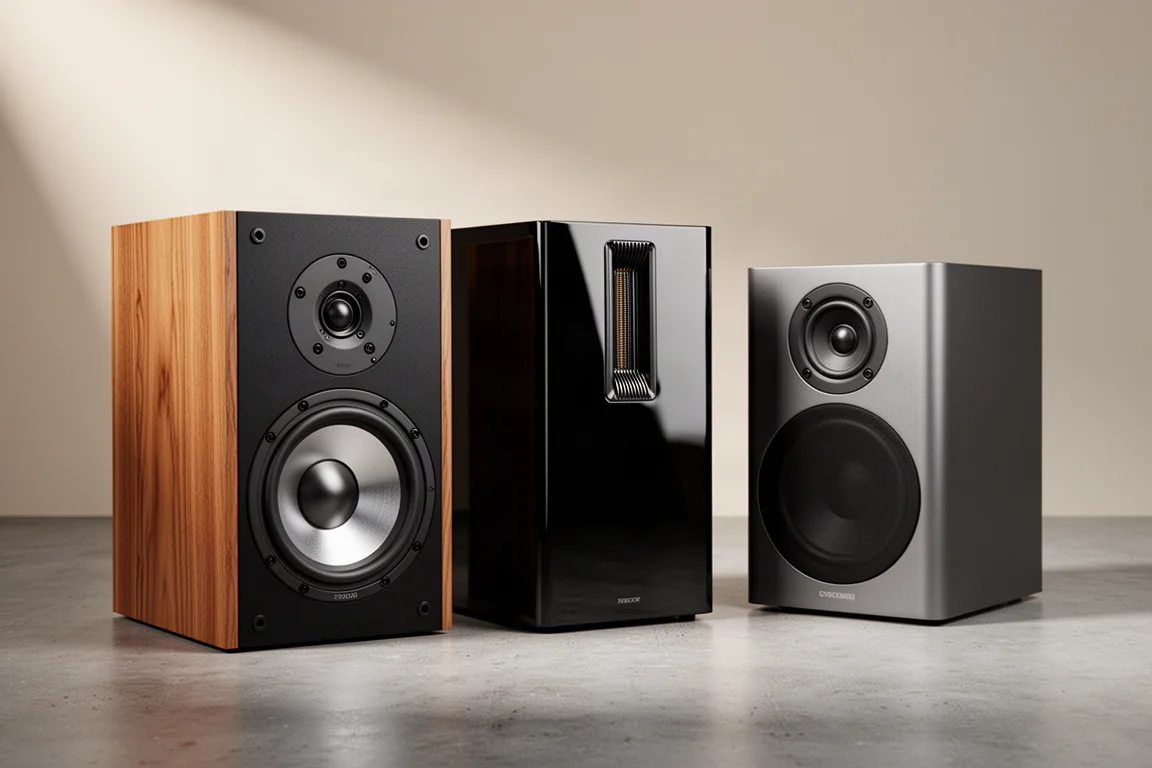 Three standmount hi-fi speakers arranged in a row on a concrete surface in soft studio light