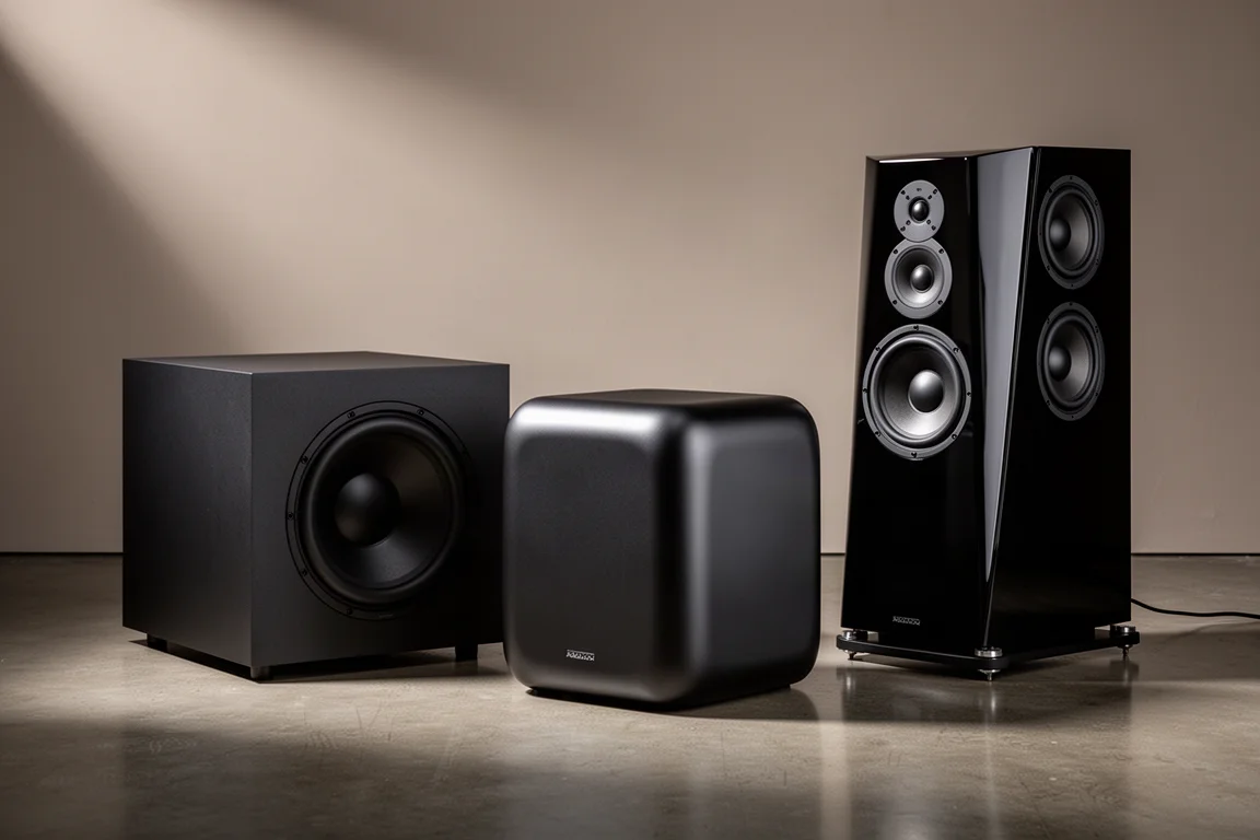 Three matte black subwoofers of different sizes arranged on a concrete listening room floor