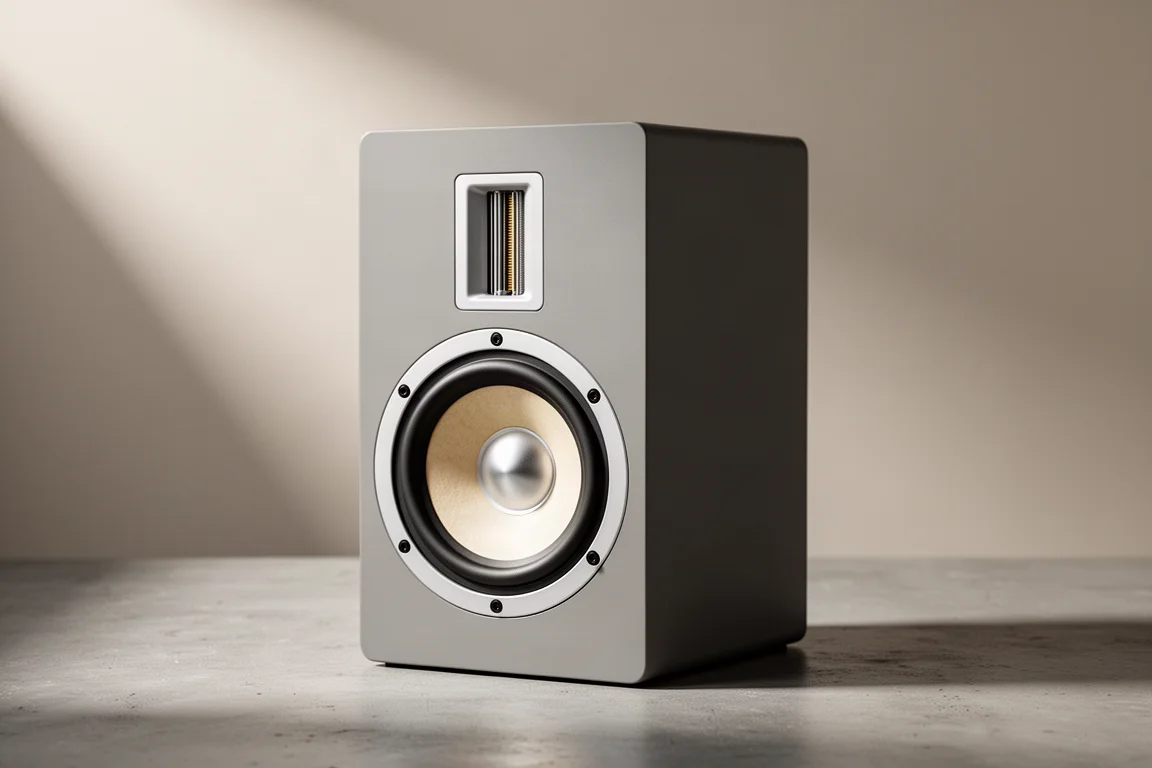 Compact two-way bookshelf speaker with ribbon tweeter on a neutral studio surface