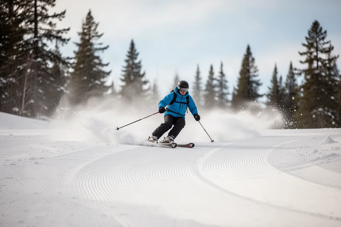Skier carving a groomed mountain run in soft morning light, viewed from behind
