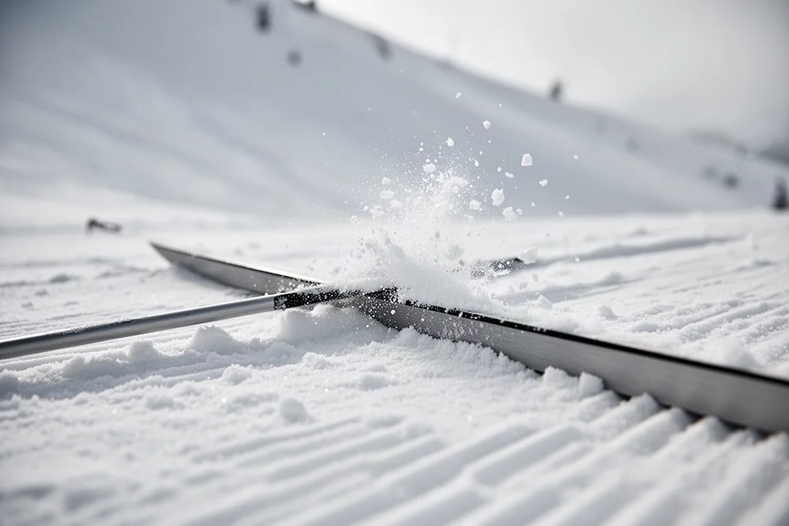 Close-up of a ski tip and edge showing layered wood core and tip insert detail