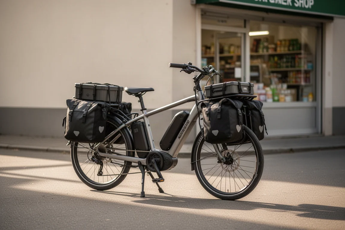 Bicicleta de carga longtail aparcada frente a una tienda de barrio, con alforjas llenas y una pequeña carga encima