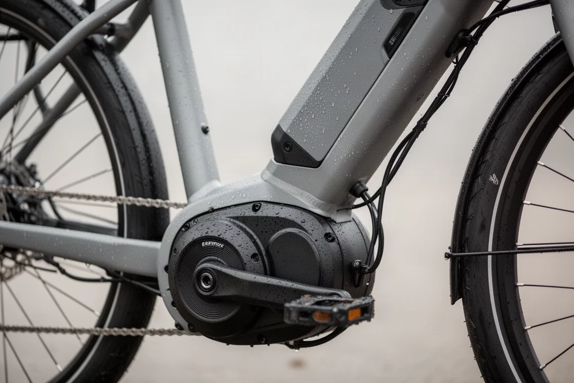 Primer plano de un motor central y una batería integrada en el cuadro de una bicicleta de carga a la luz del día
