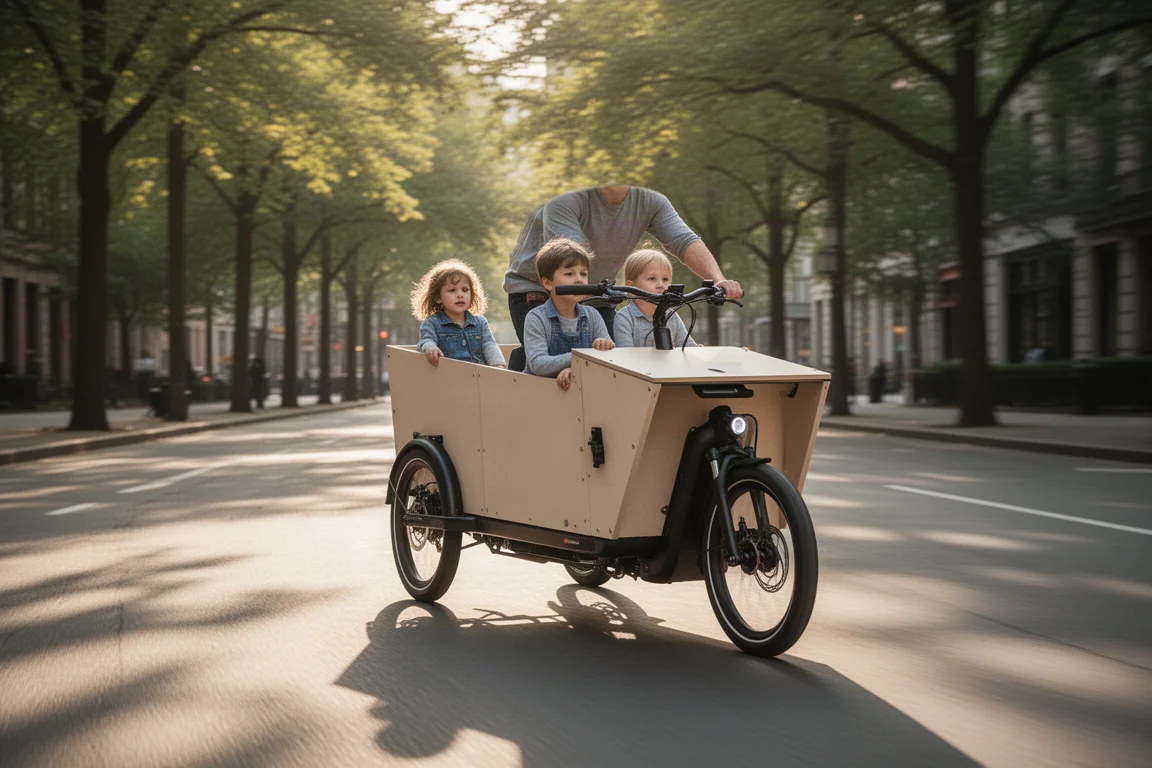 Bicicleta de carga front loader con dos niños en el cajón delantero por una calle arbolada