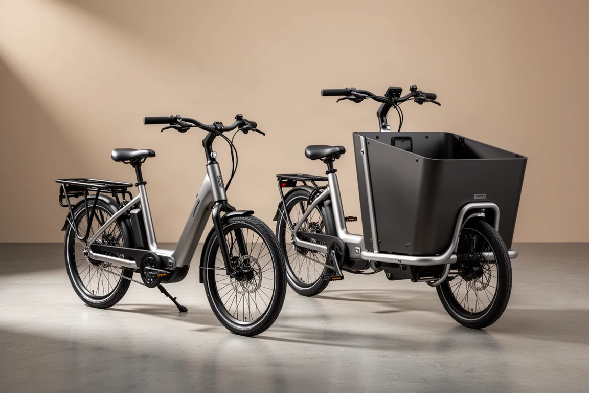 Longtail and front-loader electric cargo bikes side by side on a concrete surface