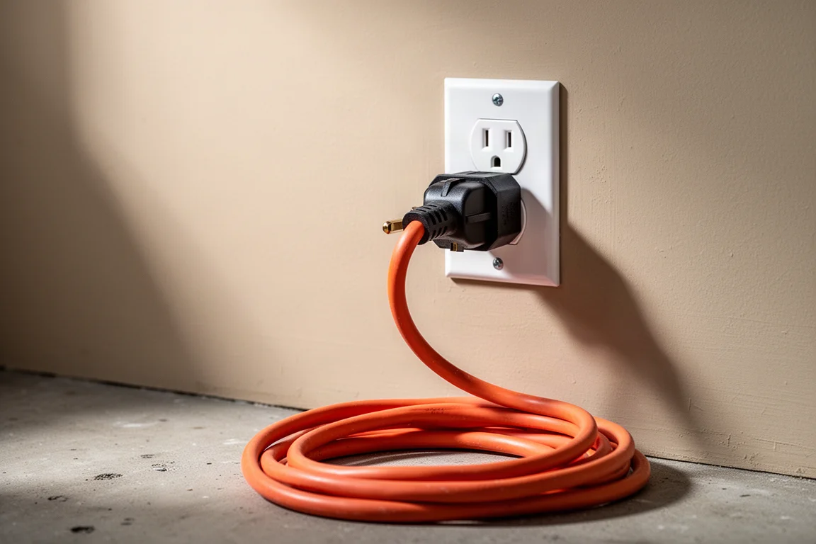 Enchufe de pared estándar de 15 amperios con el cable de alimentación de una hidrolavadora conectado