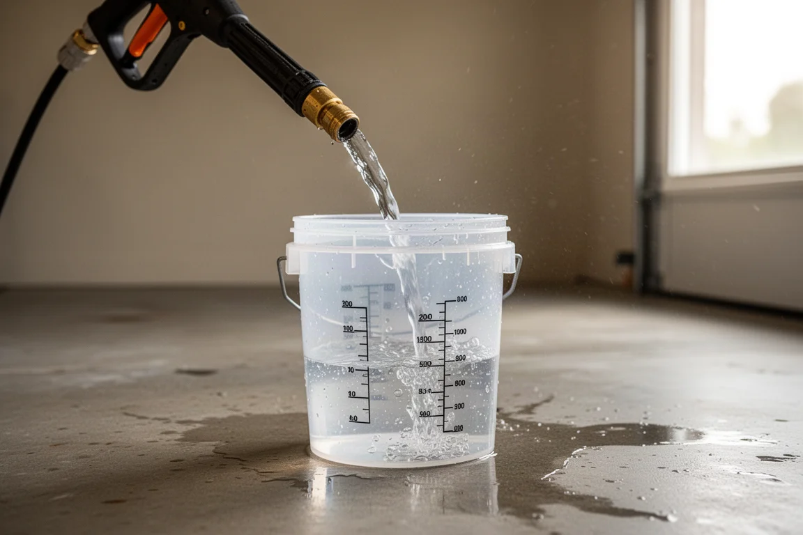 Cubeta de medición llenándose de agua durante una prueba de flujo de una hidrolavadora