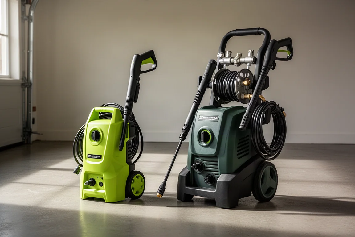 Two electric pressure washers side by side on a concrete garage floor