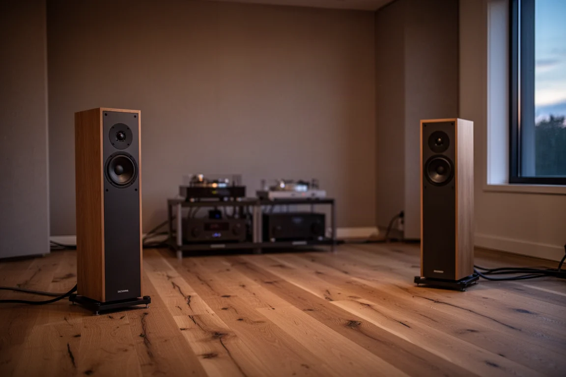 Listening room at dusk with floorstanding speakers and a low hi-fi rack