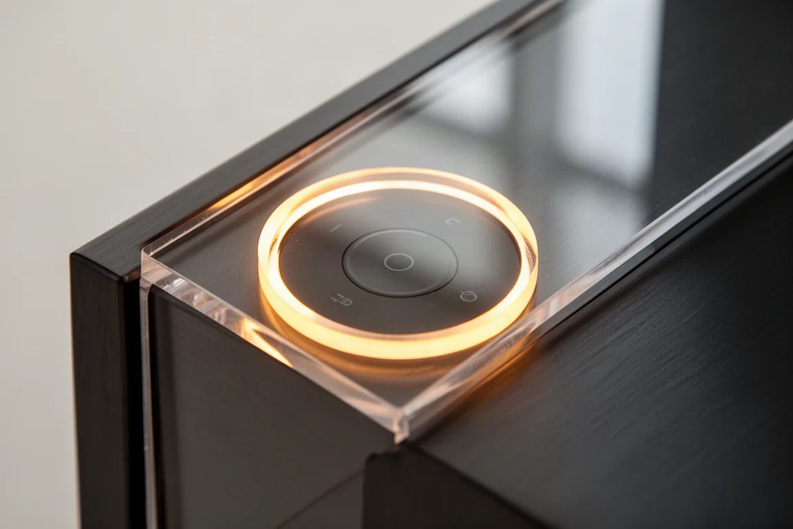 Close-up of a glowing halo ring around a control area on an acrylic fascia panel