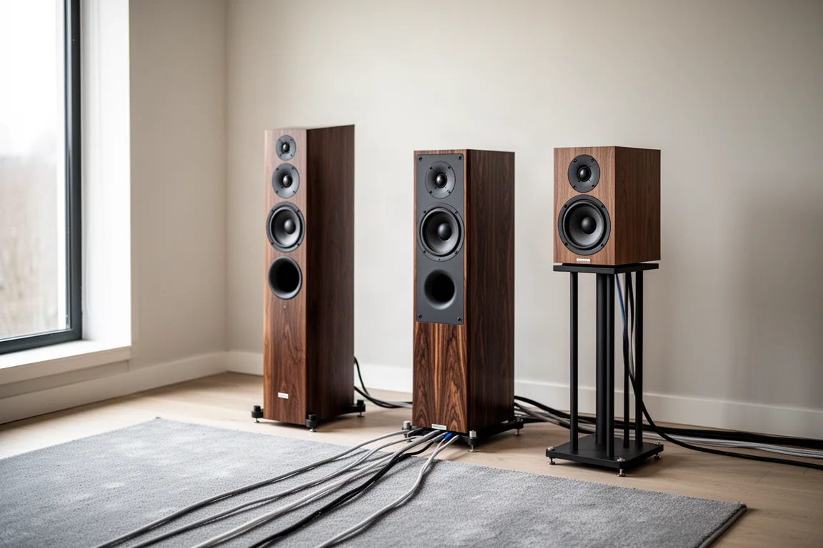 Two pairs of loudspeakers set up side by side in a listening room for comparison