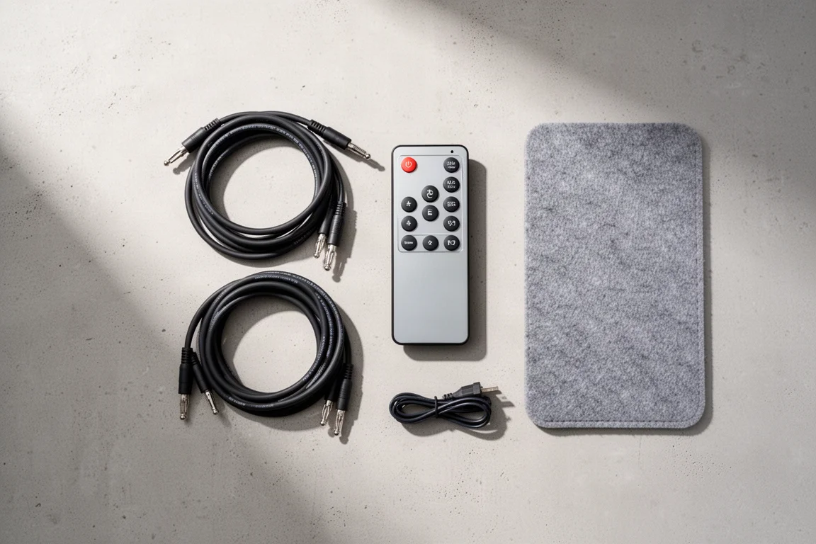 Flat-lay of coiled speaker cables, a remote control and a power cable on concrete