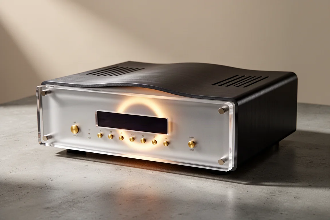 High-end integrated streaming amplifier with an acrylic front panel and gold control buttons