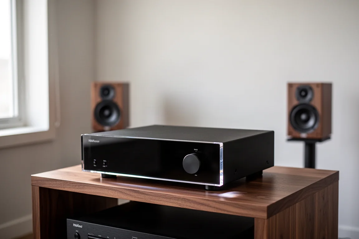 Compact black integrated amplifier with acrylic front panel on a walnut hi-fi rack