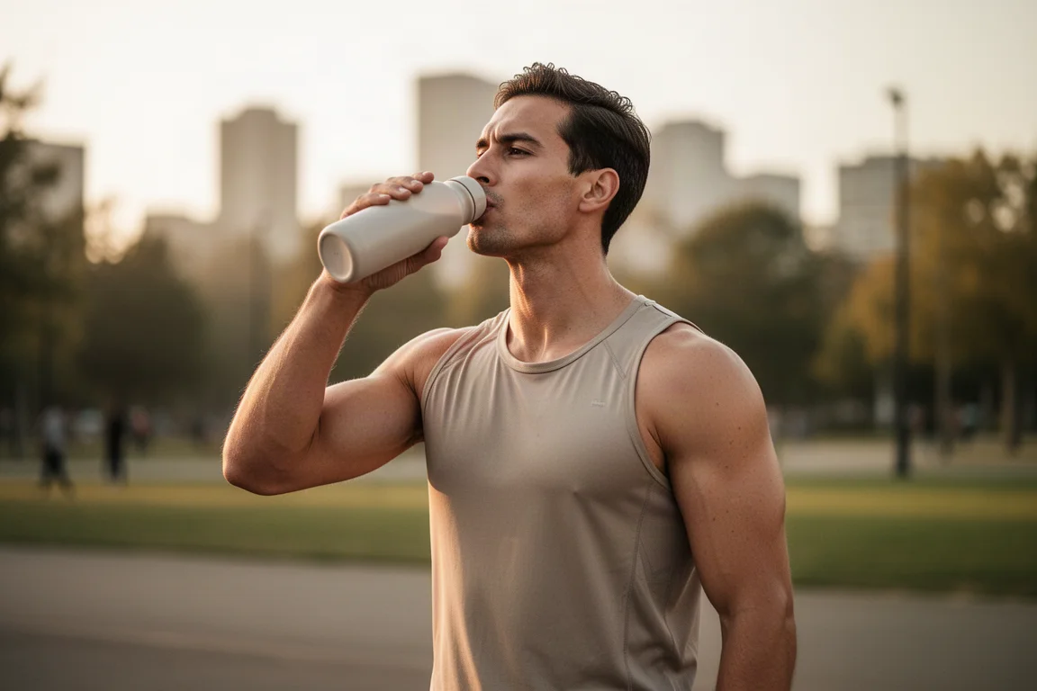 Sporter drinkt na het sporten buiten uit een fles