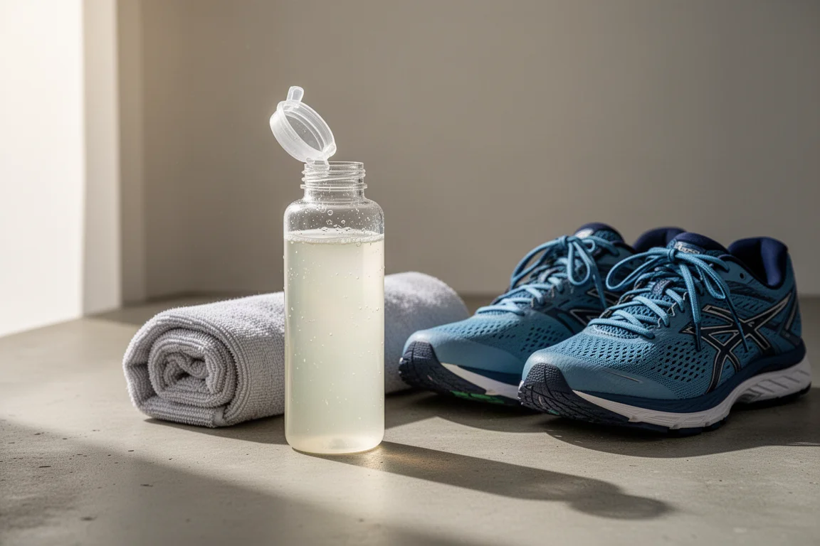 Open fles elektrolytendrank naast workoutspullen