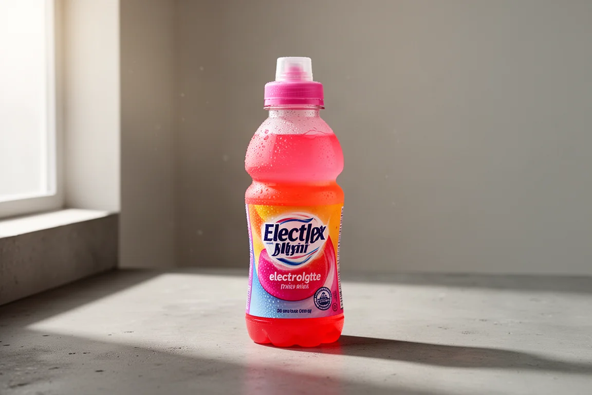 Bright electrolyte drink bottle with condensation on a concrete surface