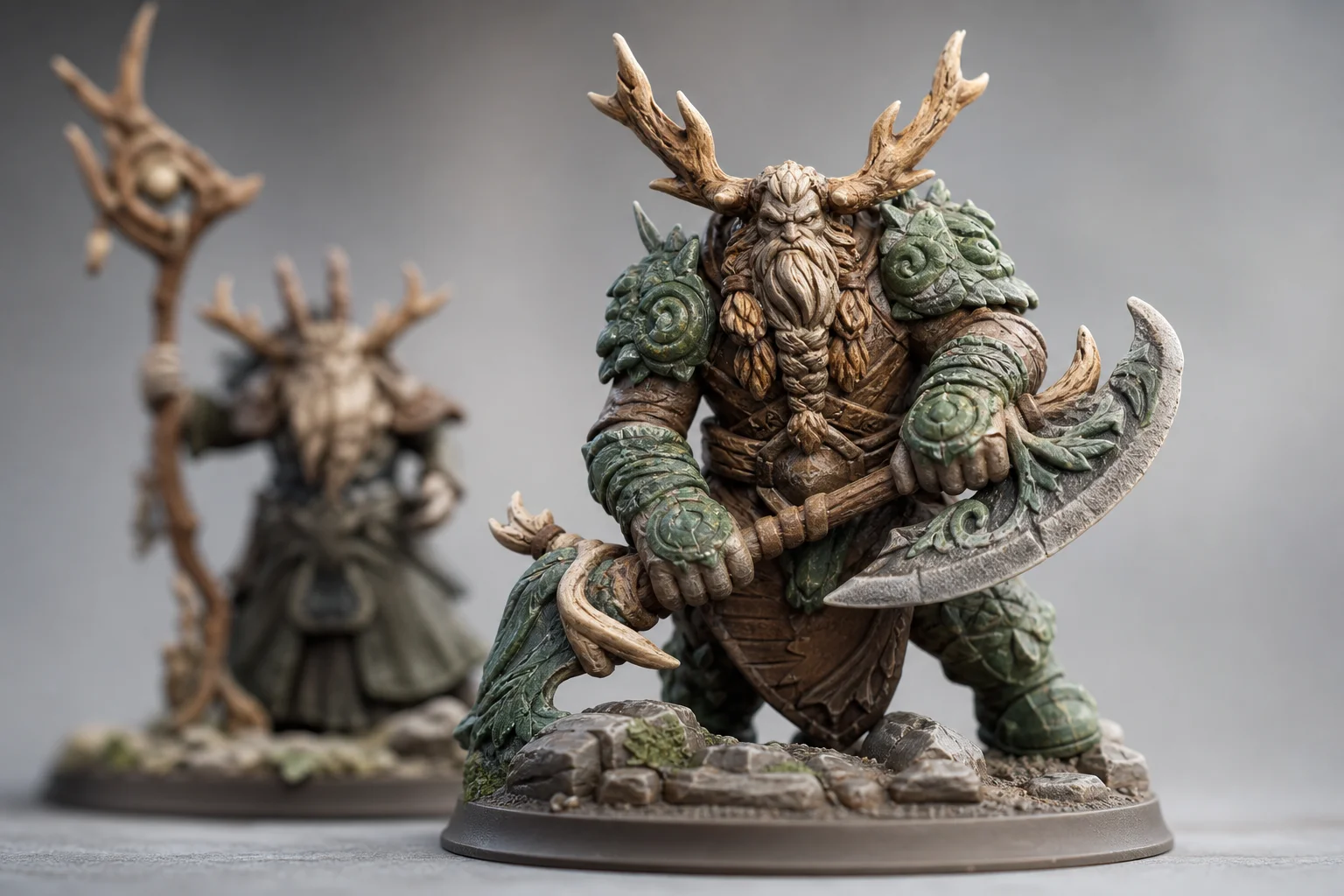 Närbild på 3D-utskrivna miniatyrfigurer i flera färger med fina detaljer och mjuka färgövergångar