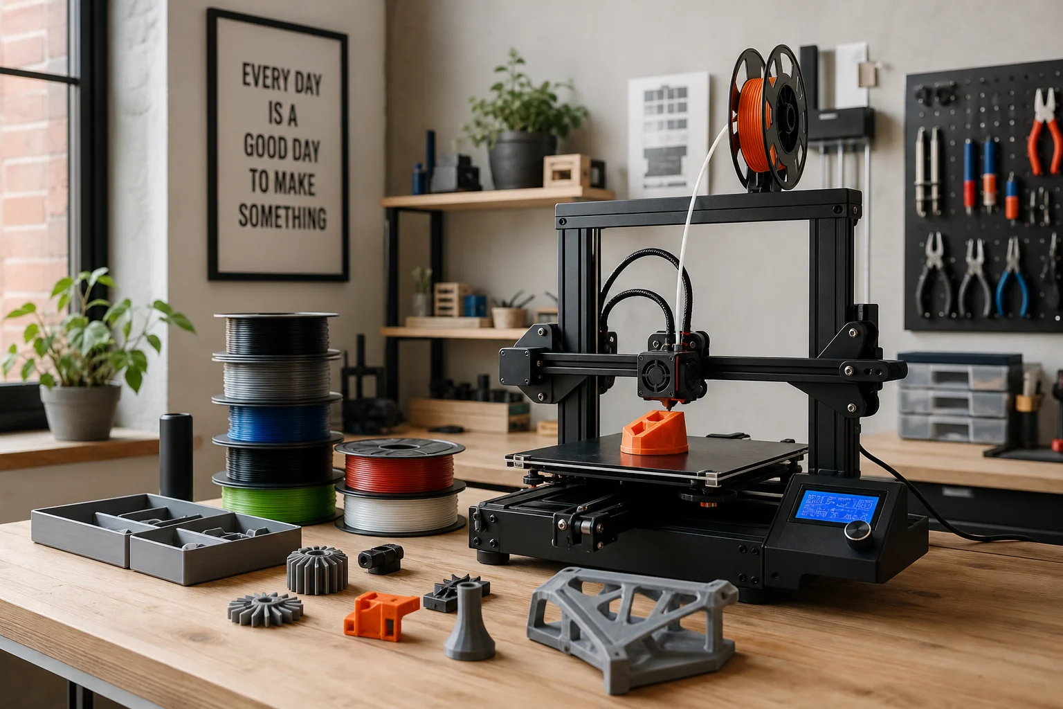Arbetsplats med en 3D-skrivare i drift, omgiven av utskrivna delar och filamentrullar