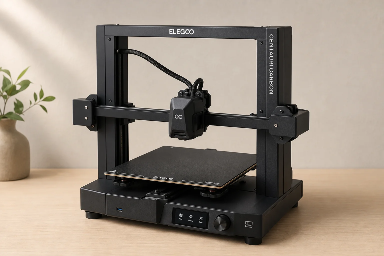 Collection of modern 3D printers on neutral background