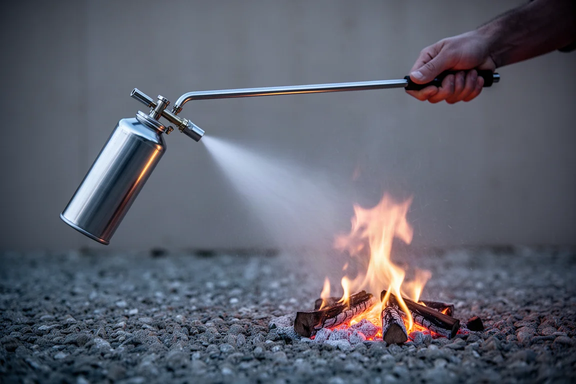 Kompaktes Brandbekämpfungswerkzeug mit weichem Strahl weißen Löschmittels, gerichtet auf Flammen
