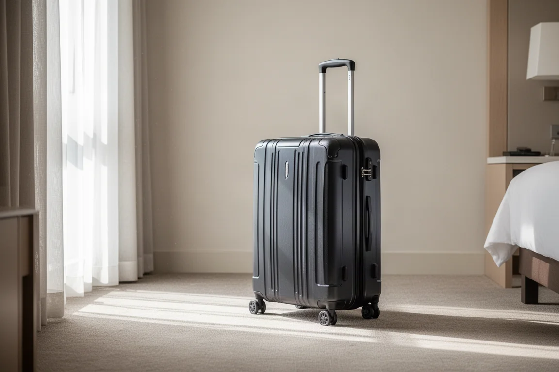 Uma mala despachada em ambiente de aeroporto, pronta para viagem
