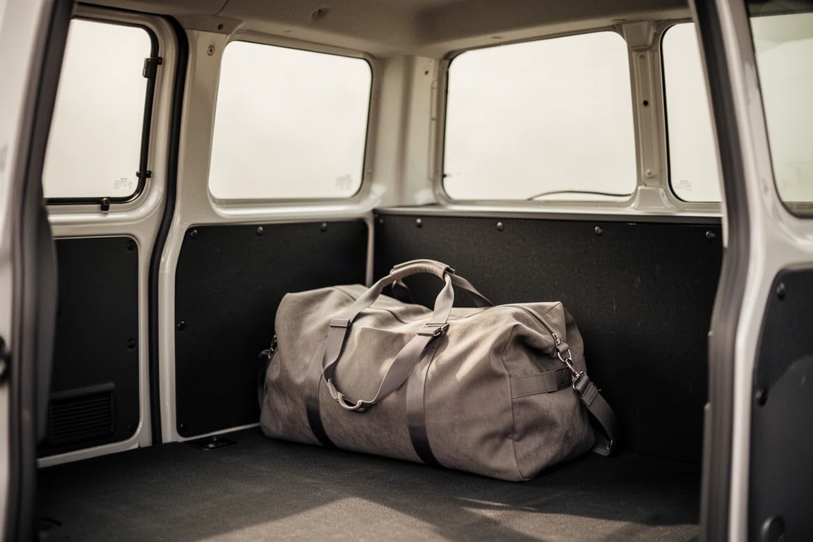 Interior de carro com uma bolsa presa no porta-malas