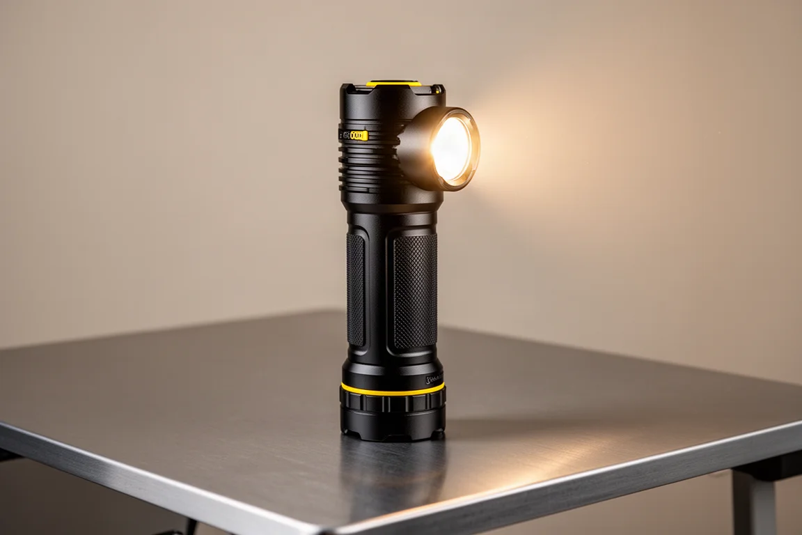 Große Handtaschenlampe aufrecht stehend auf einer gebürsteten Metalloberfläche