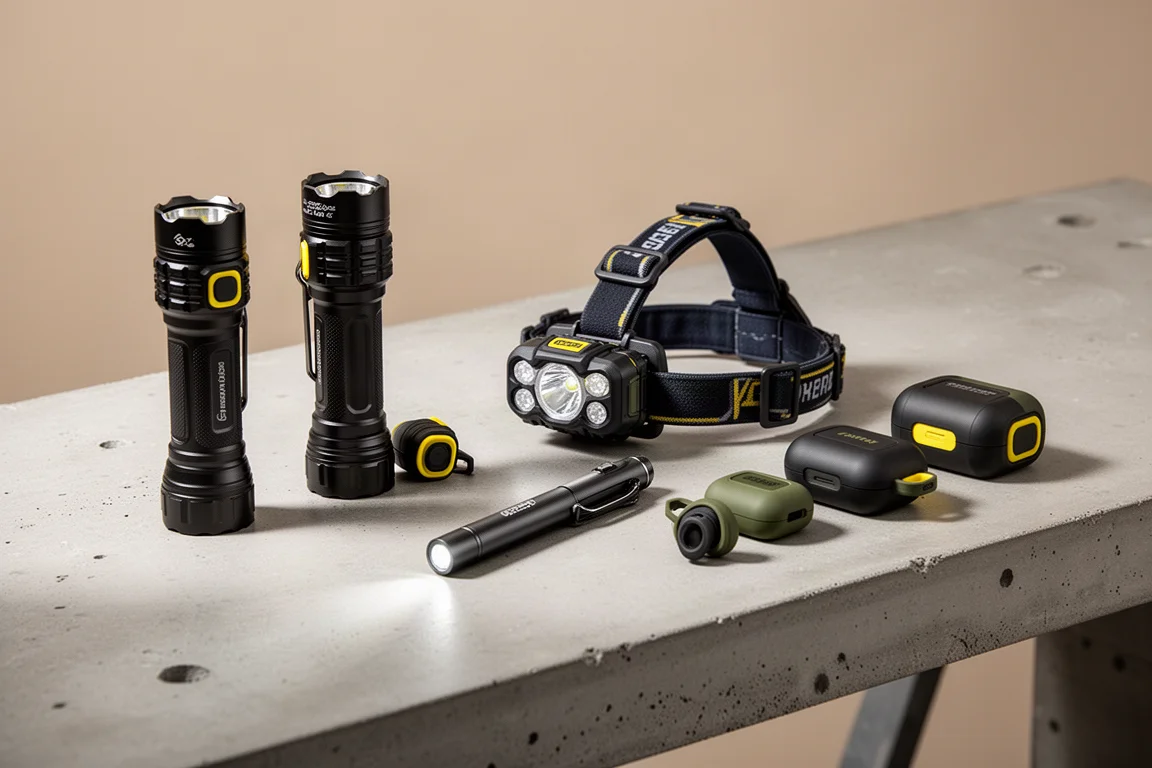 Elgen job site gear lineup with flashlights, a headlamp, and earbud cases on a concrete workbench