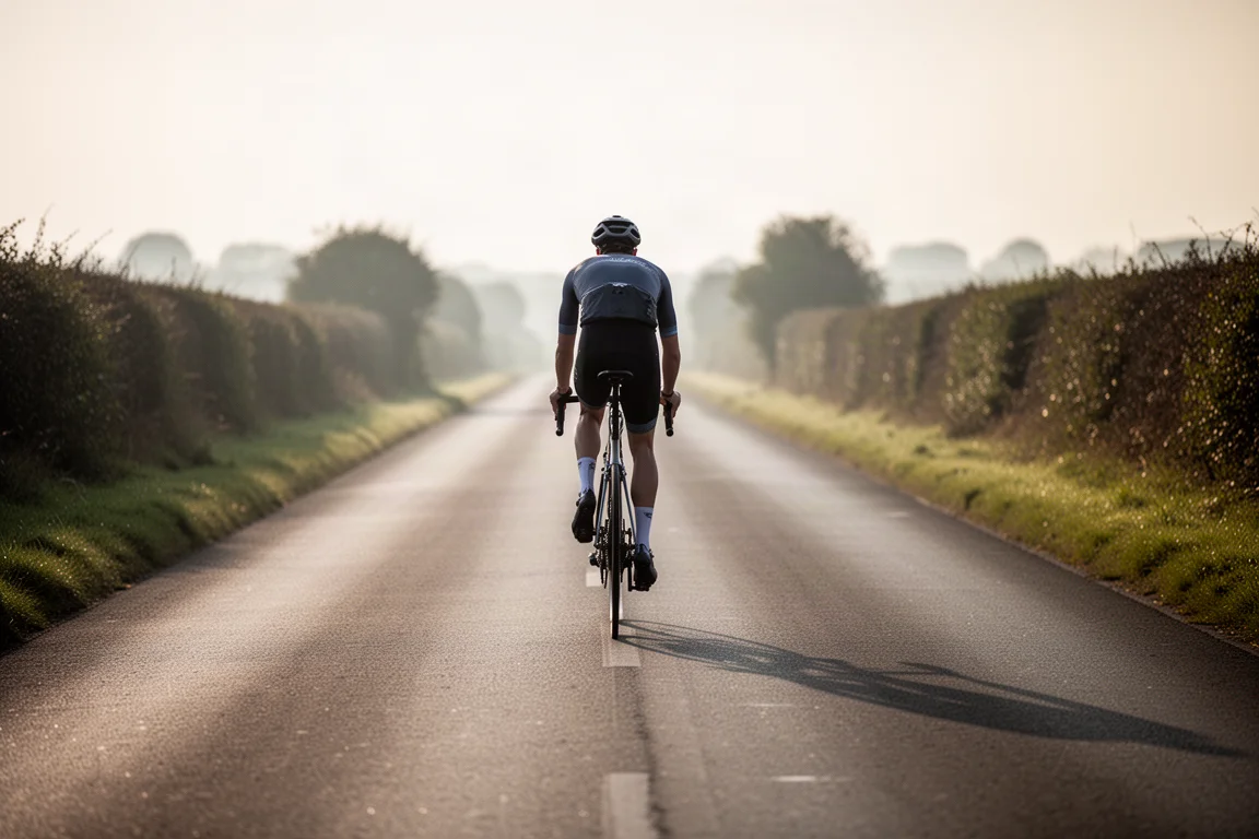 Ciclista de estrada pedalando em ritmo constante por uma longa estrada plana no campo sob a luz da manhã