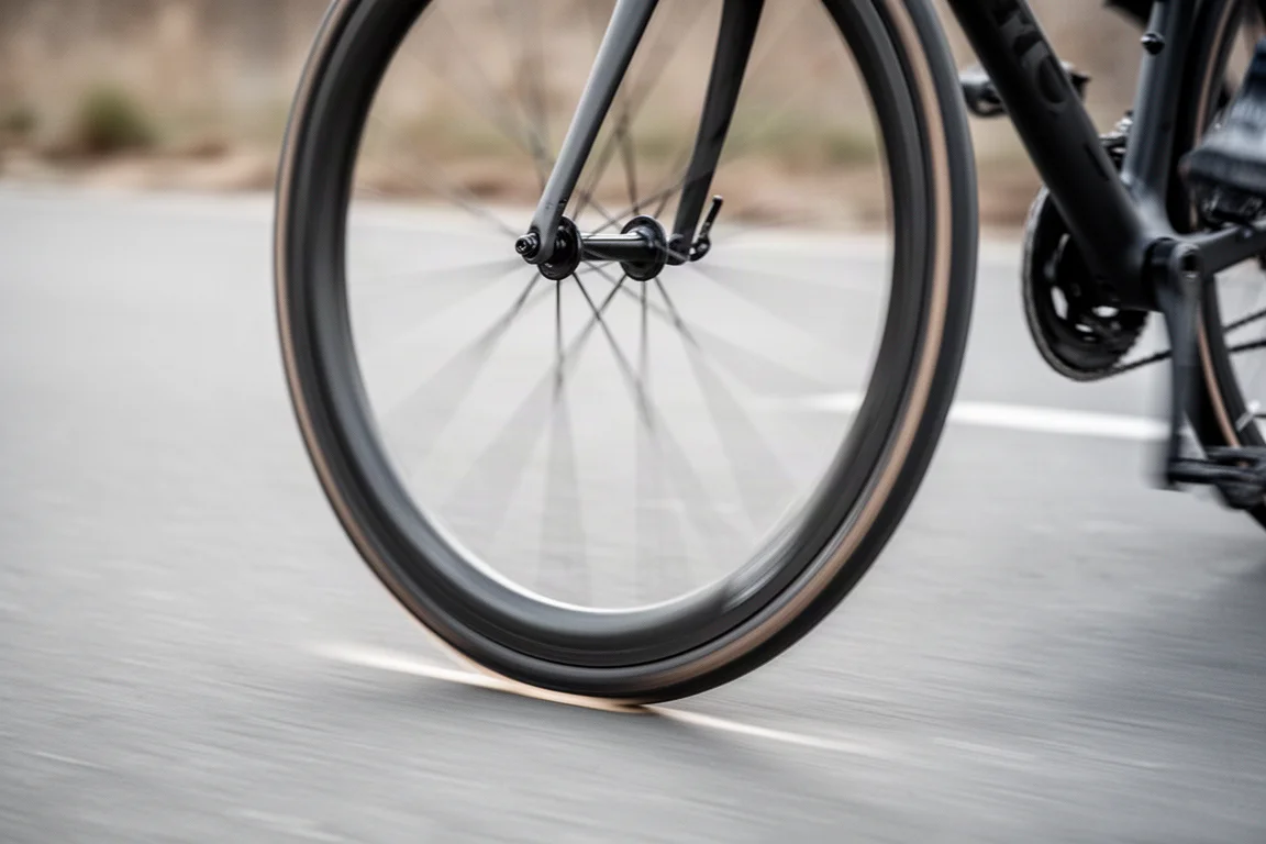 Close de uma roda dianteira de bicicleta de estrada girando em asfalto liso em alta velocidade