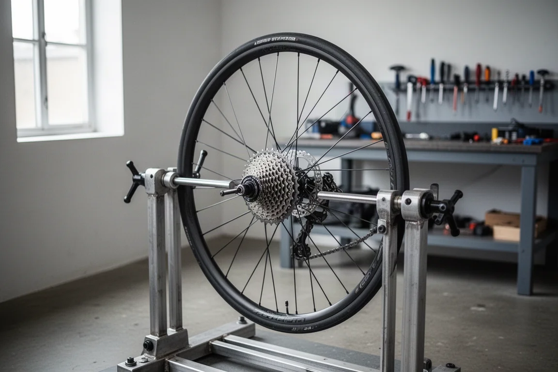 Roda traseira de bicicleta montada em um cavalete de centragem dentro de uma oficina iluminada