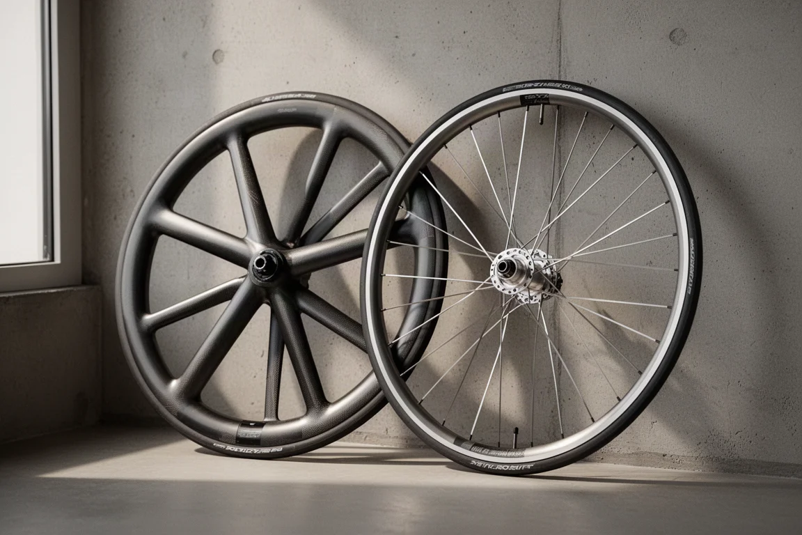 Twee wielsets voor racefietsen met platte carbon spaken en metalen aërosapaken tegen een betonnen muur