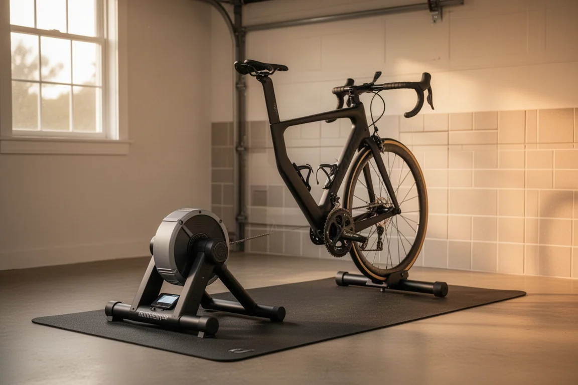 Home trainer connecté à transmission directe installé sur un tapis dans un espace d'entraînement à domicile